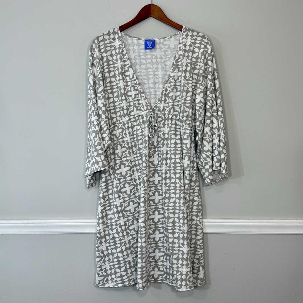 Pine Cone Hill Fine Linens White Grey Leaf Print Cotton Knit Dress Womens Sz XXL